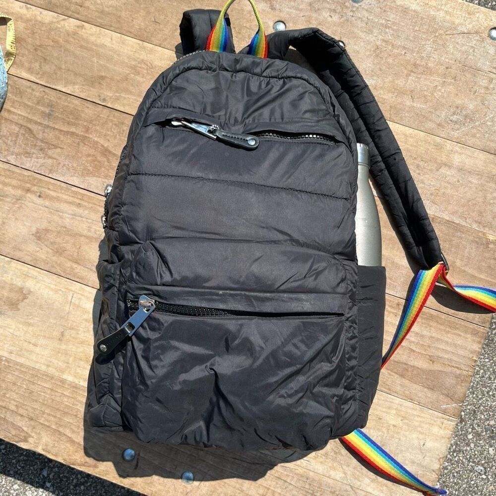 Shonda Roberts Squared Rainbow Strap Puffer Backpack Black